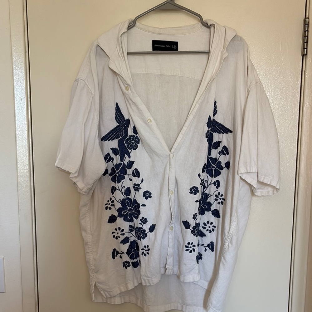 Abercrombie White Button-Up Shirt with Blue Embroidery
